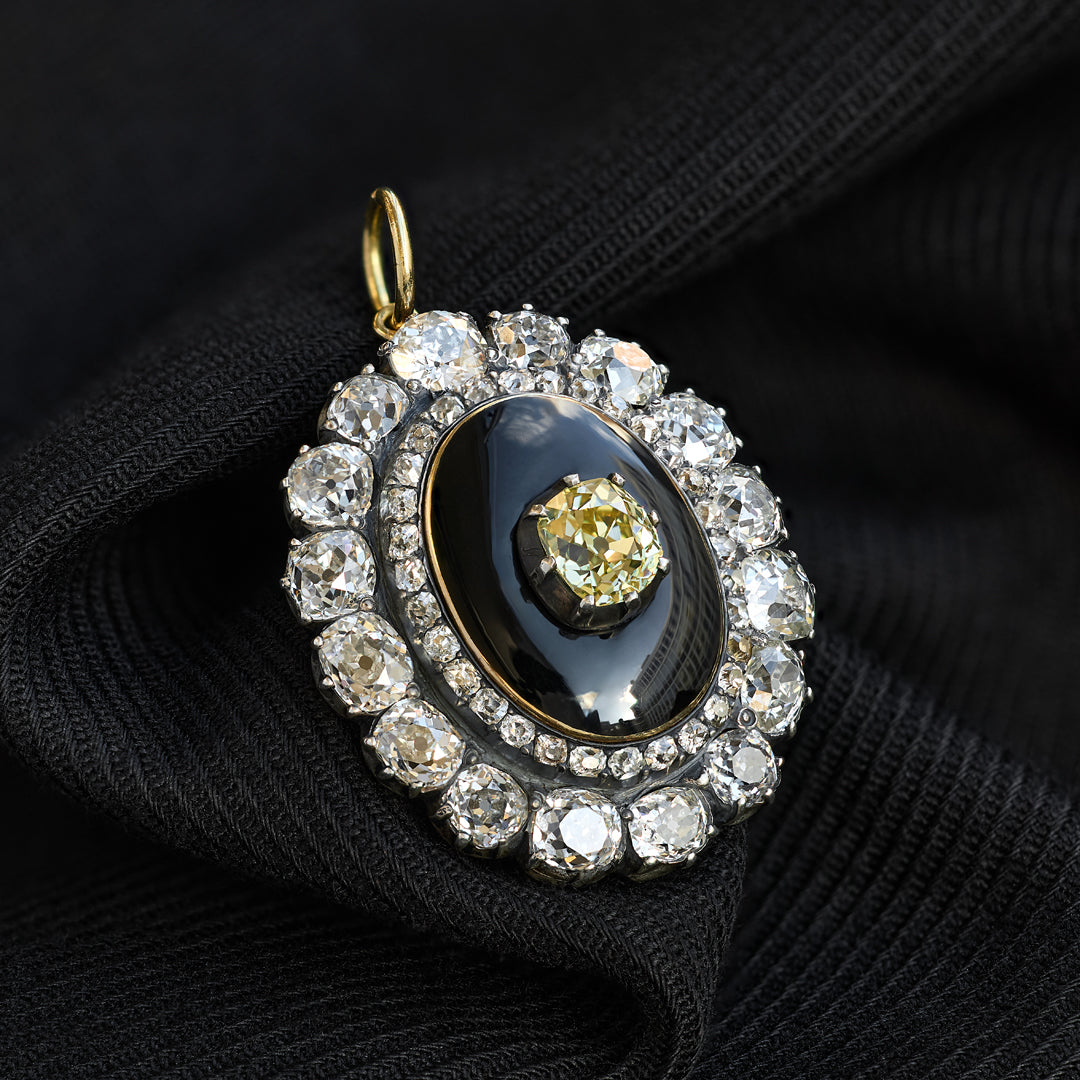 Victorian Fancy Yellow Old Cut Diamond and Enamel Locket Pendant