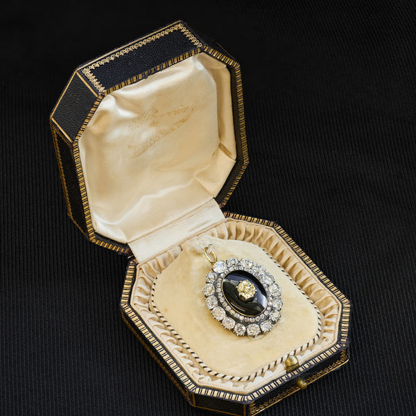 Victorian Fancy Yellow Old Cut Diamond and Enamel Locket Pendant