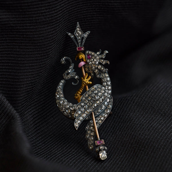 Victorian Ruby Diamond and Enamel Cockatrice Brooch
