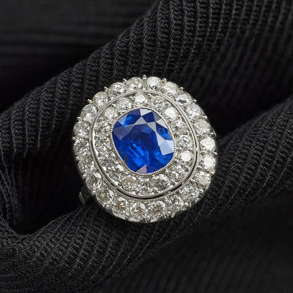 Art Deco 2.20 Carat Burmese Sapphire and Diamond Double Halo Ring