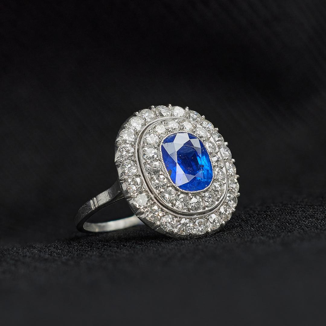 Art Deco 2.20 Carat Burmese Sapphire and Diamond Double Halo Ring