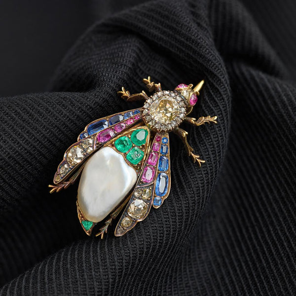Victorian Natural Pearl Diamond Emerald Sapphire and Ruby Bug Brooch