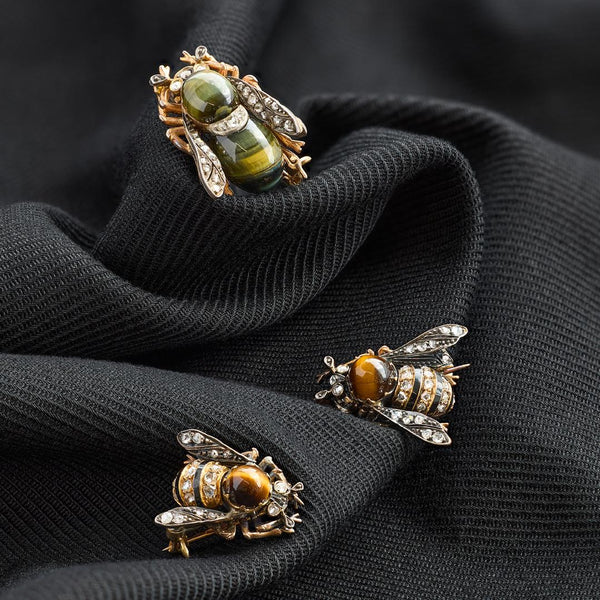 Boucheron Chrysoberyl Tiger's Eye and Diamond Insect Brooch Set