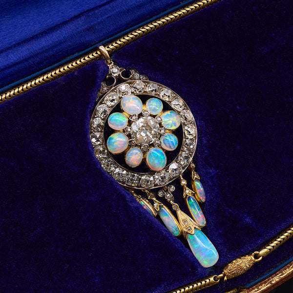 Victorian Opal and Diamond Drop Pendant Necklace