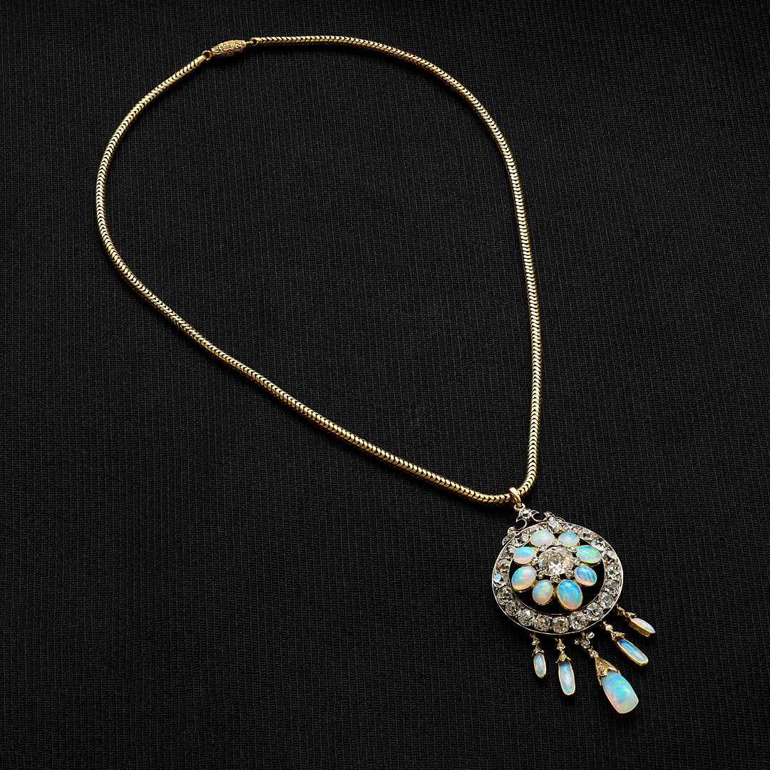 Victorian Opal and Diamond Drop Pendant Necklace
