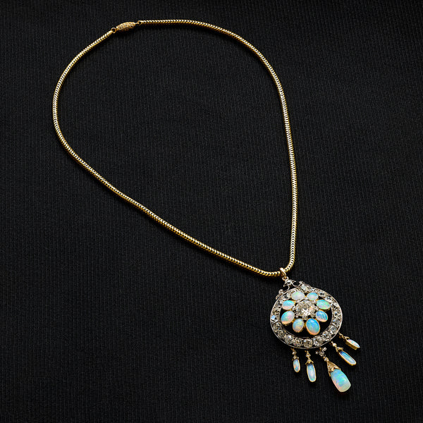 Victorian Opal and Diamond Drop Pendant Necklace