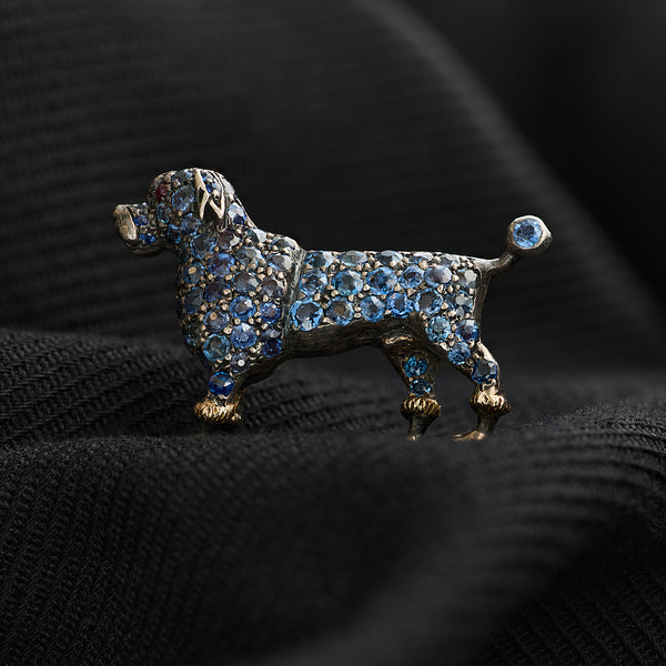 Victorian Montana Sapphire and Ruby Poodle Dog Brooch