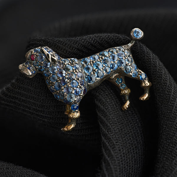 Victorian Montana Sapphire and Ruby Poodle Dog Brooch