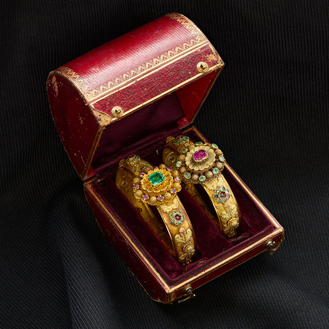Georgian Emerald Ruby and Enamel Floral Bracelet Set