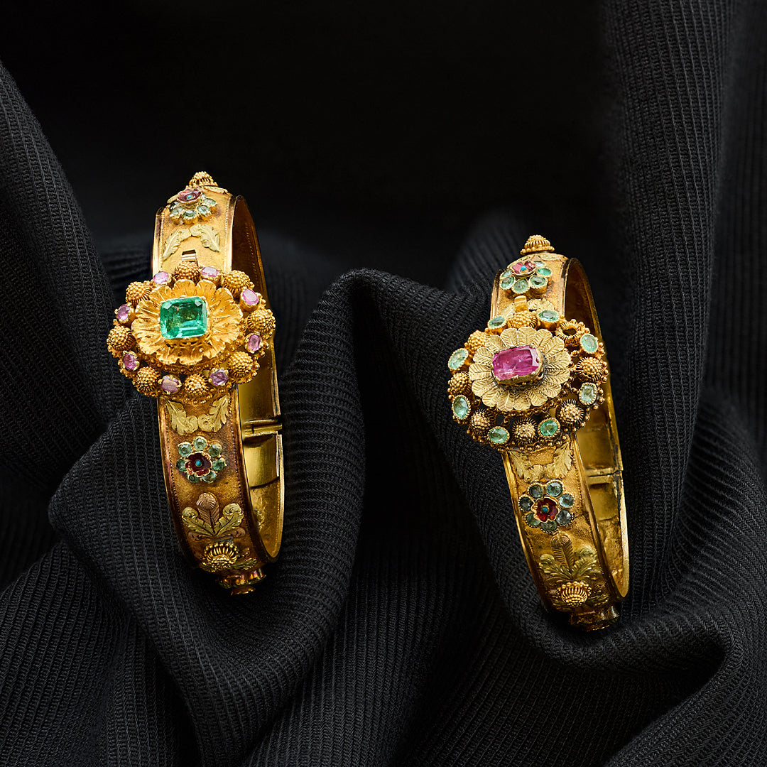 Georgian Emerald Ruby and Enamel Floral Bracelet Set
