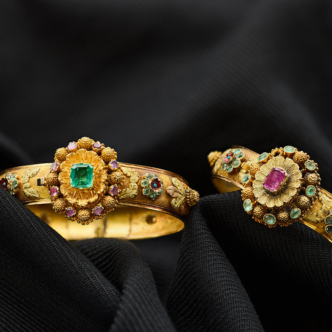 Georgian Emerald Ruby and Enamel Floral Bracelet Set