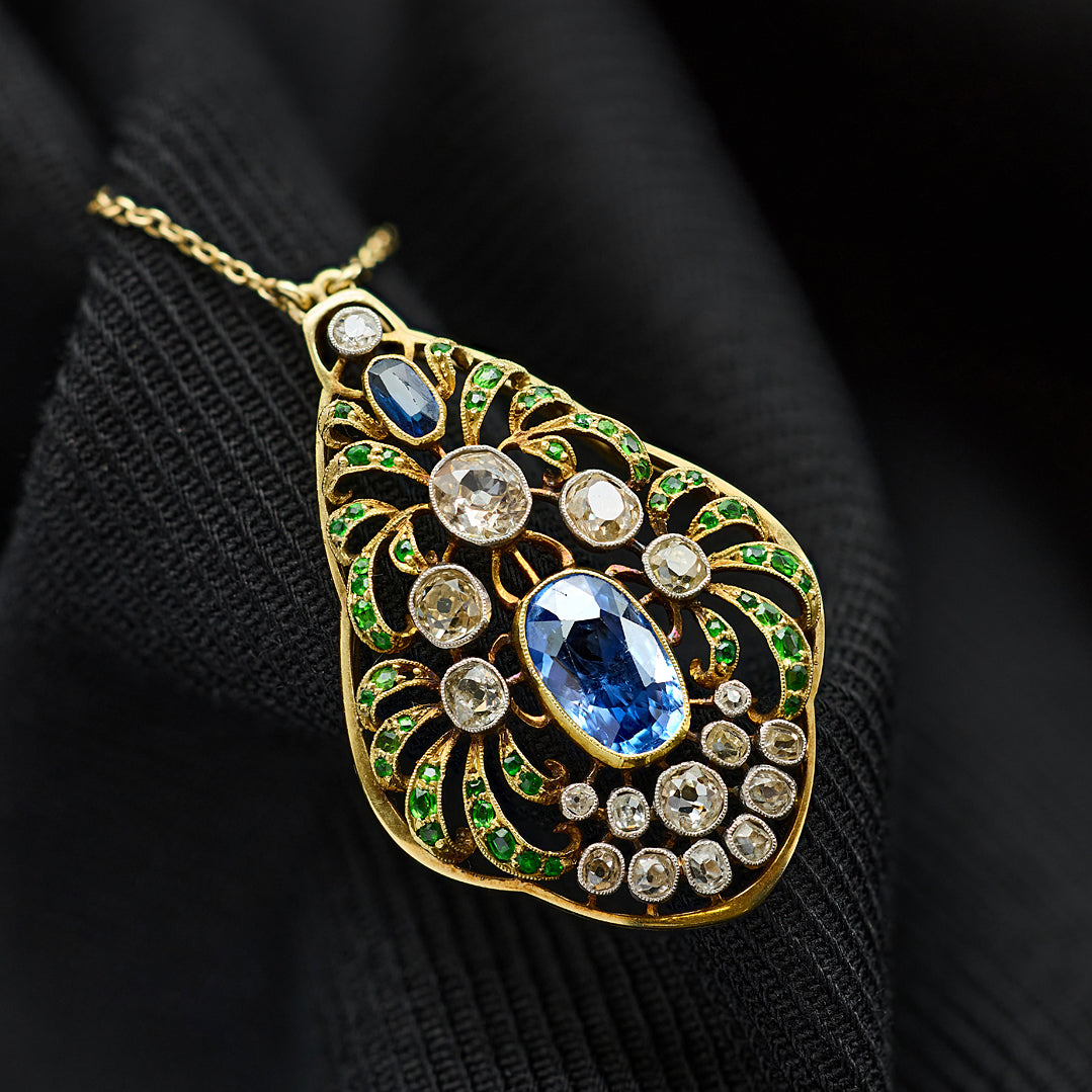 Art Nouveau Sapphire Diamond and Demantoid Garnet Pendant Necklace