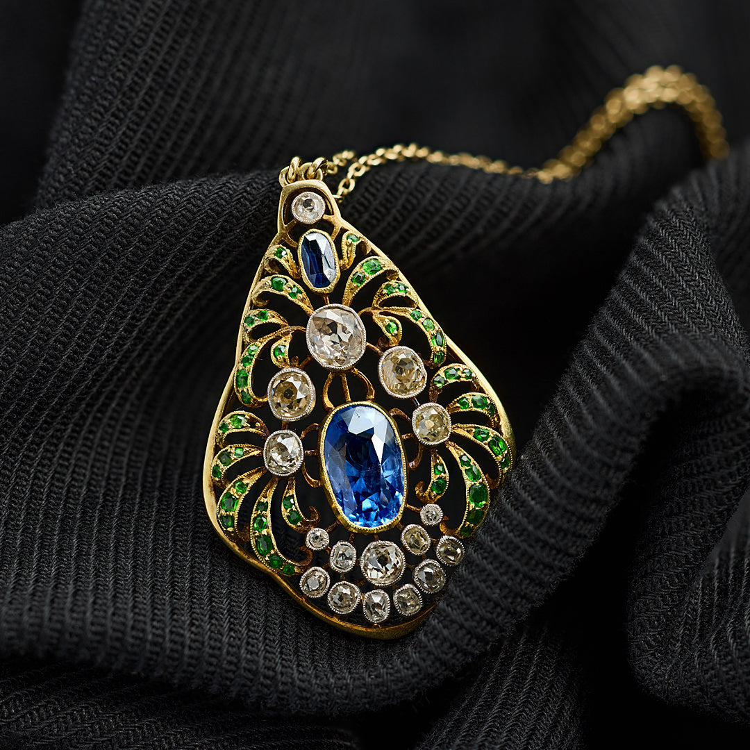 Art Nouveau Sapphire Diamond and Demantoid Garnet Pendant Necklace