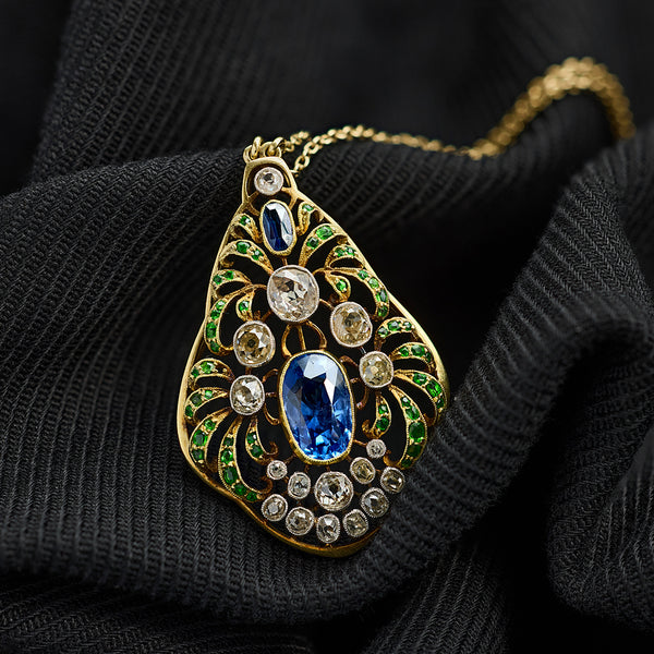 Art Nouveau Sapphire Diamond and Demantoid Garnet Pendant Necklace