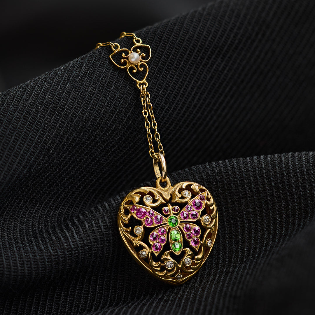 Victorian Demantoid Ruby Diamond and Pearl Heart Necklace