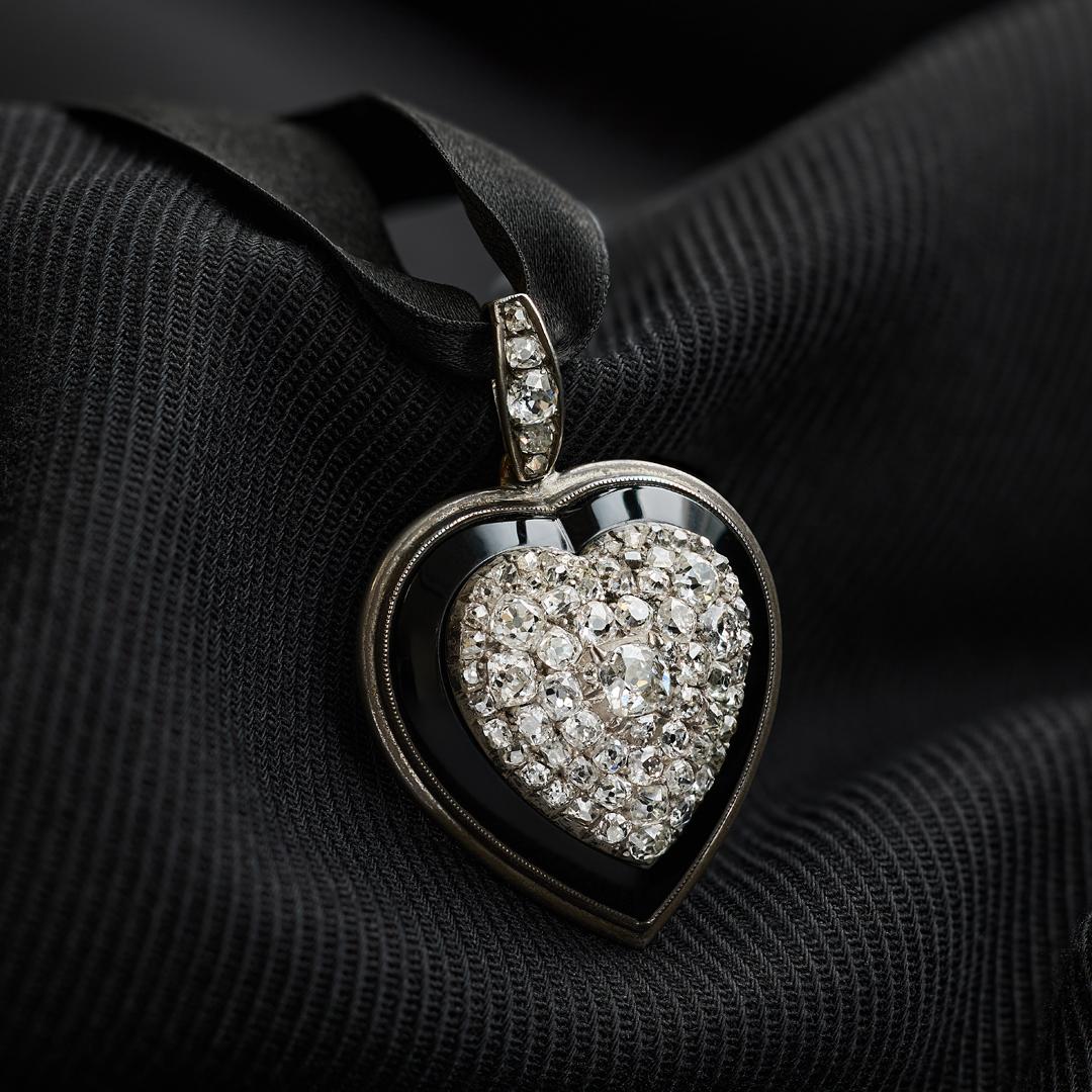 Edwardian Onyx and Diamond Heart Choker Necklace