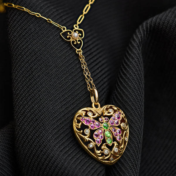 Victorian Demantoid Ruby Diamond and Pearl Heart Necklace