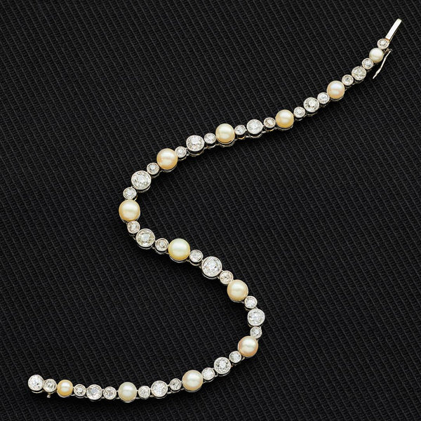 Art Deco Natural Pearl and Old Cut Diamond Line Bracelet