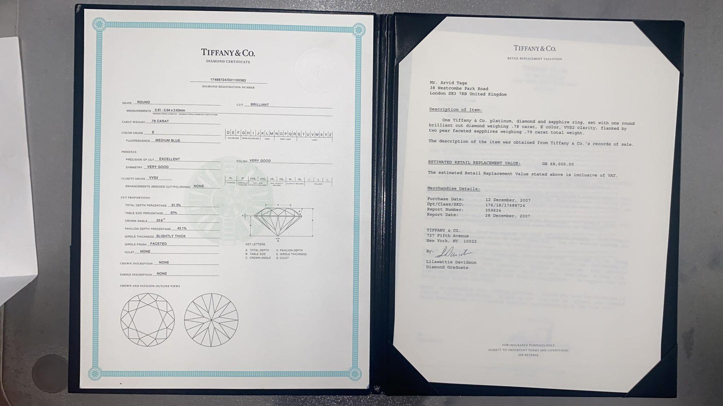 Tiffany & Co. 0.78 Carat Diamond and Sapphire Three-Stone Ring