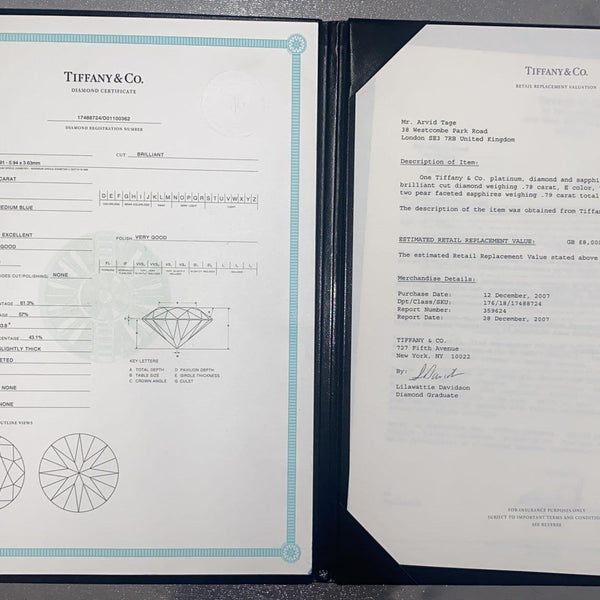 Tiffany & Co. 0.78 Carat Diamond and Sapphire Three-Stone Ring