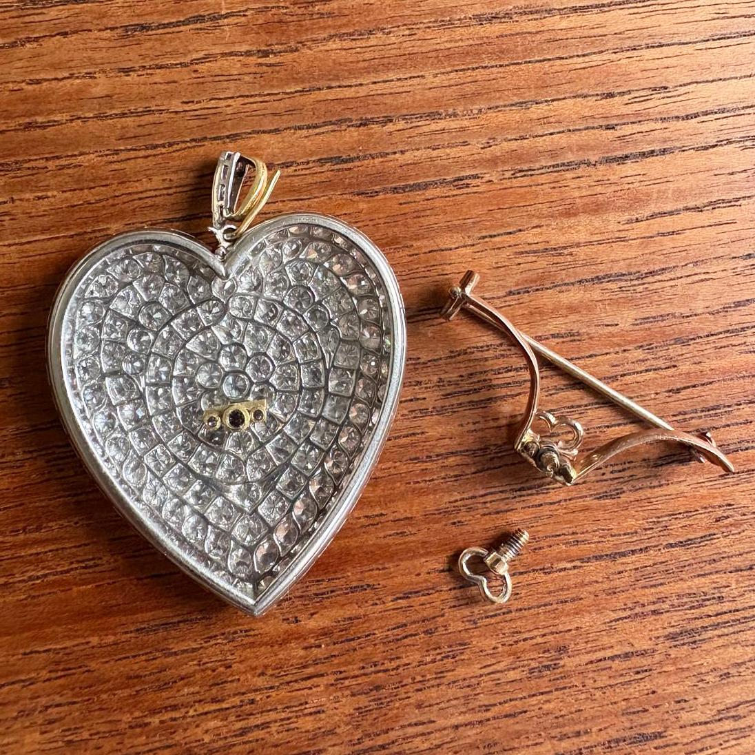 Edwardian 16.00 Carat Diamond Love Heart Pendant Brooch
