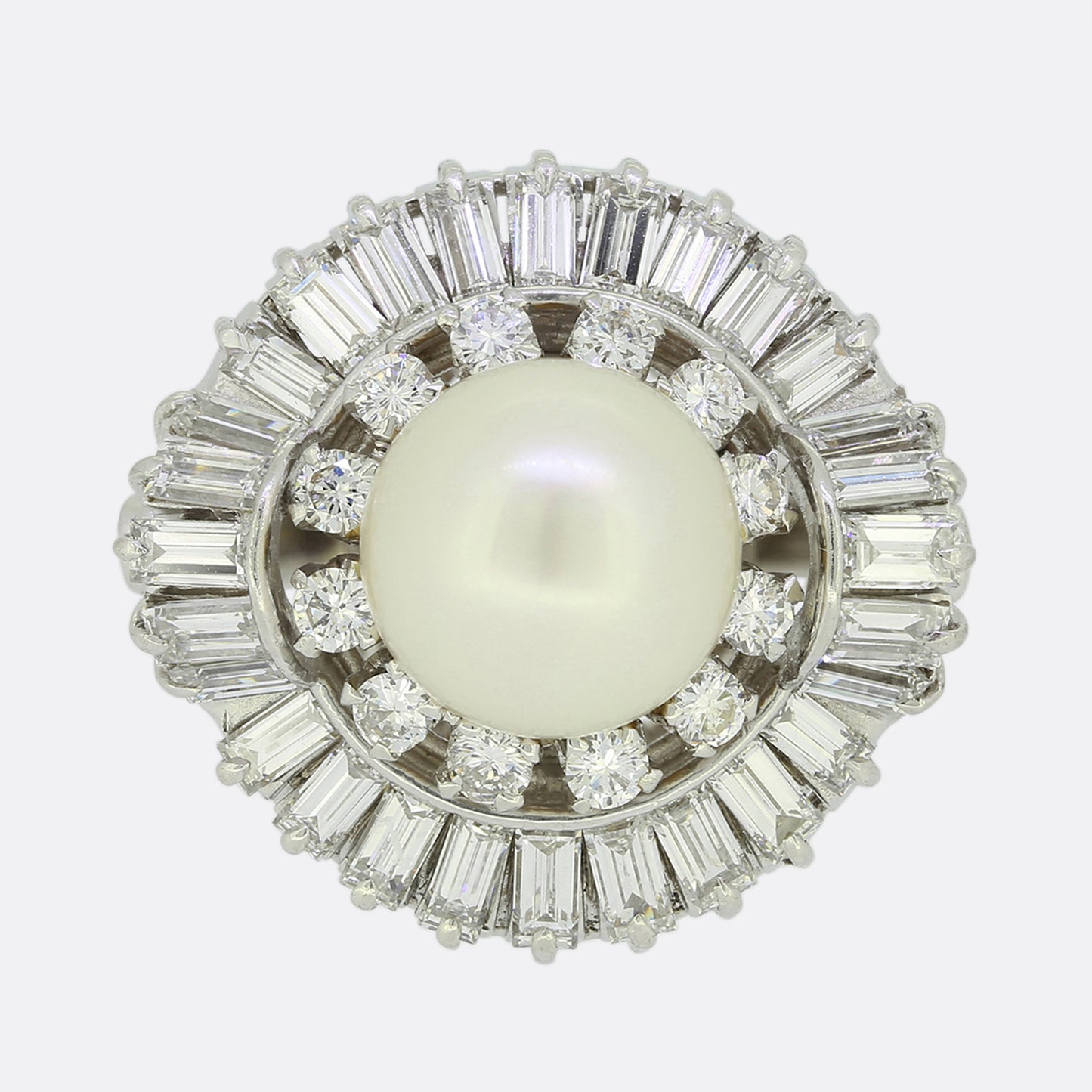 Mid Century Cultured Pearl and Diamond Cocktail Ring