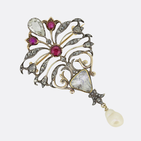 Antique French Ruby Pearl and Diamond Drop Pendant