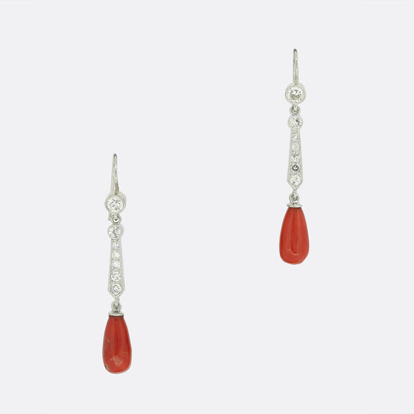 Coral and Diamond Drop Earrings
