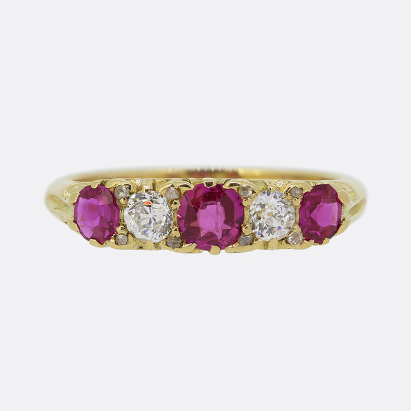 Victorian Five Stone Ruby and Diamond Ring