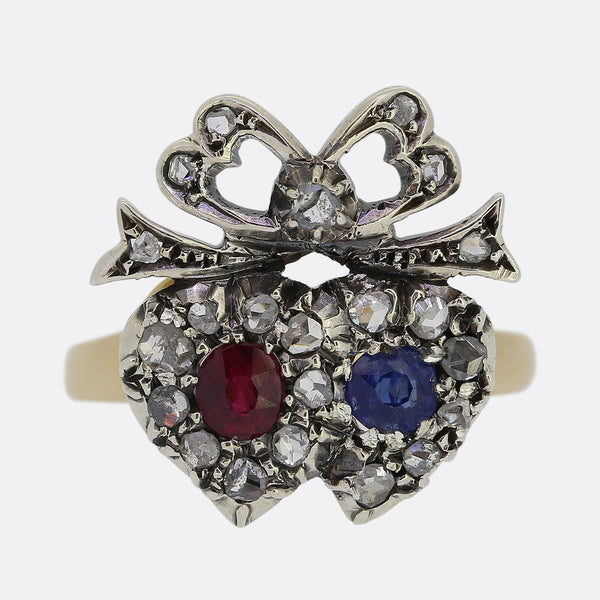 Victorian Double Heart Ruby Sapphire and Diamond Crowned Ring