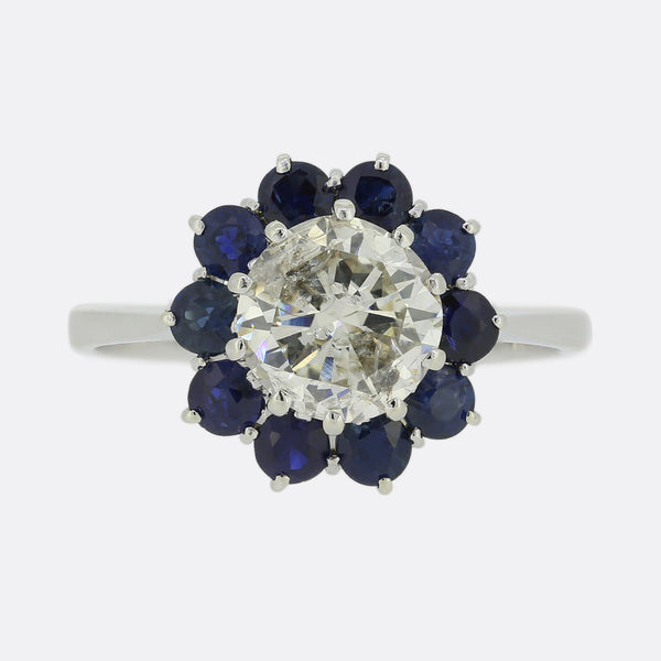 1.50 Carat Diamond and Sapphire Cluster Ring