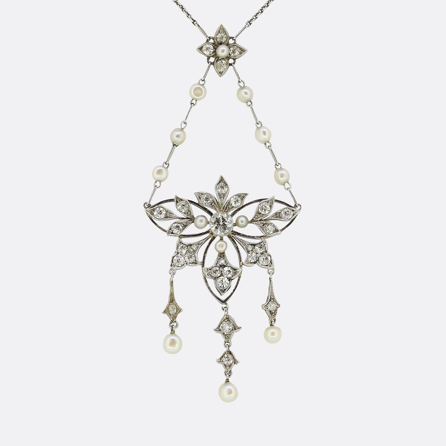 Edwardian Pearl and Diamond Lavalier Necklace