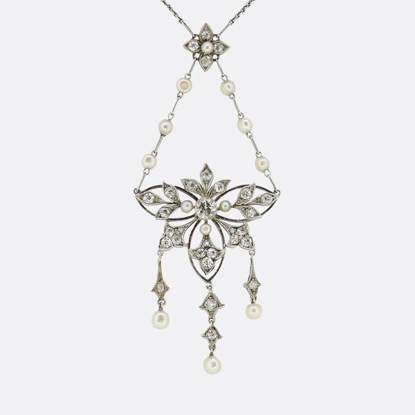 Edwardian Pearl and Diamond Lavalier Necklace