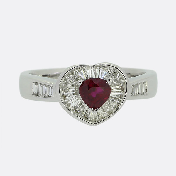 0.57 Carat Ruby and Baguette Cut Diamond Heart Ring