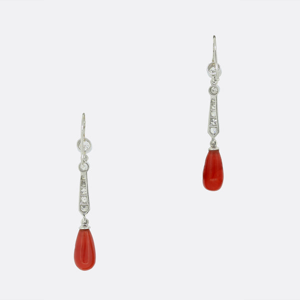 Coral and Diamond Drop Earrings