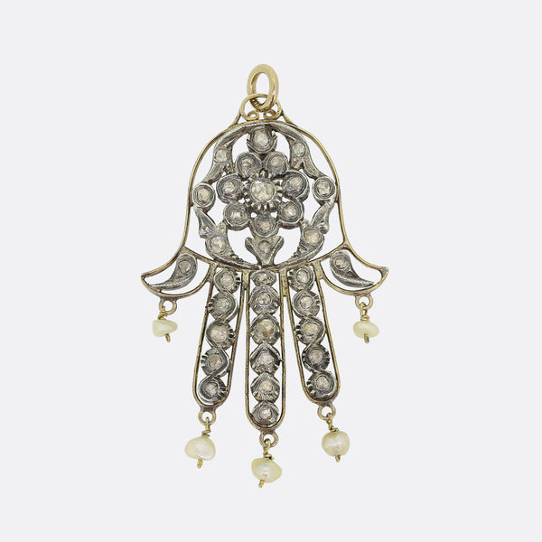 Vintage Rose Cut Diamond and Pearl Hamsa Pendant