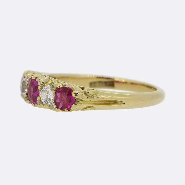 Victorian Five Stone Ruby and Diamond Ring