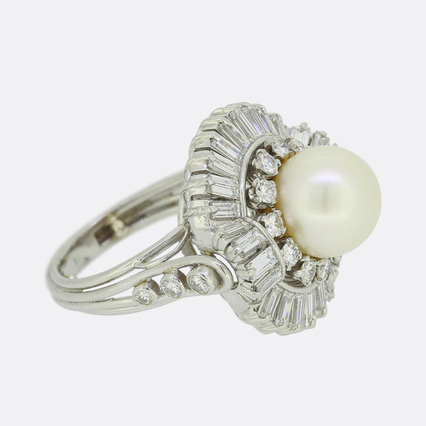 Mid Century Cultured Pearl and Diamond Cocktail Ring