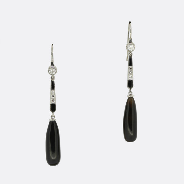 Art Deco Style Onyx and Diamond Drop Earrings