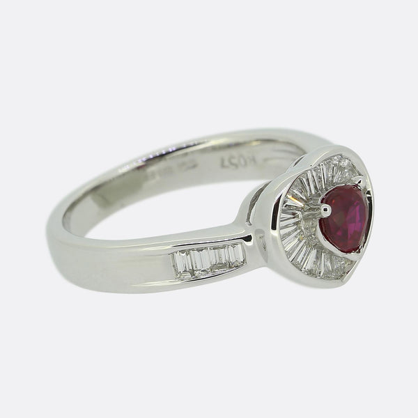 0.57 Carat Ruby and Baguette Cut Diamond Heart Ring