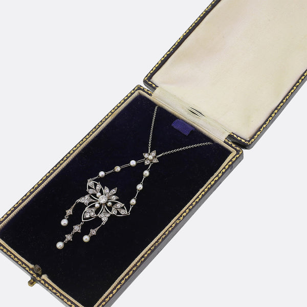 Edwardian Pearl and Diamond Lavalier Necklace