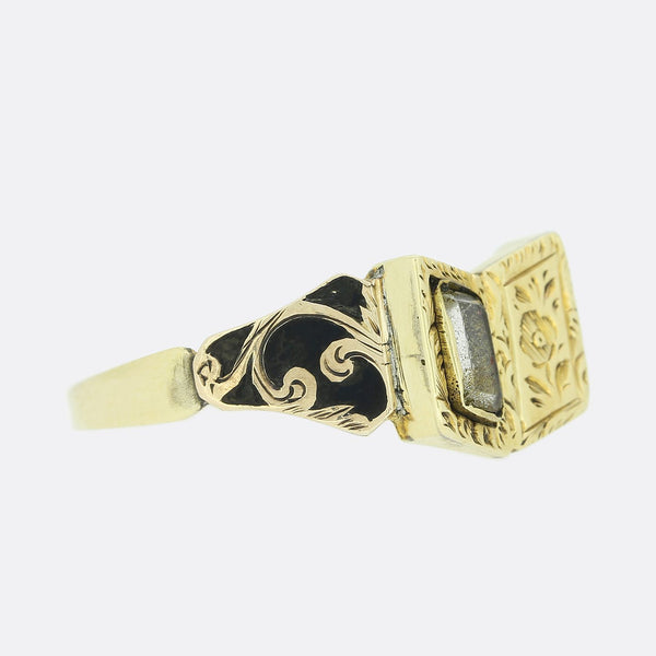 Early Victorian Black Enamel Book Locket Mourning Ring