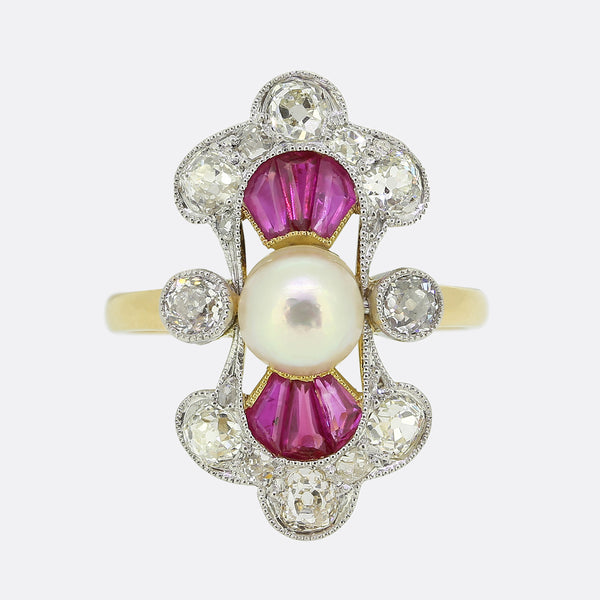 Art Deco Pearl Ruby and Diamond Tablet Ring