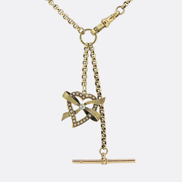 Vintage Pearl and Diamond Love Heart Charm Necklace