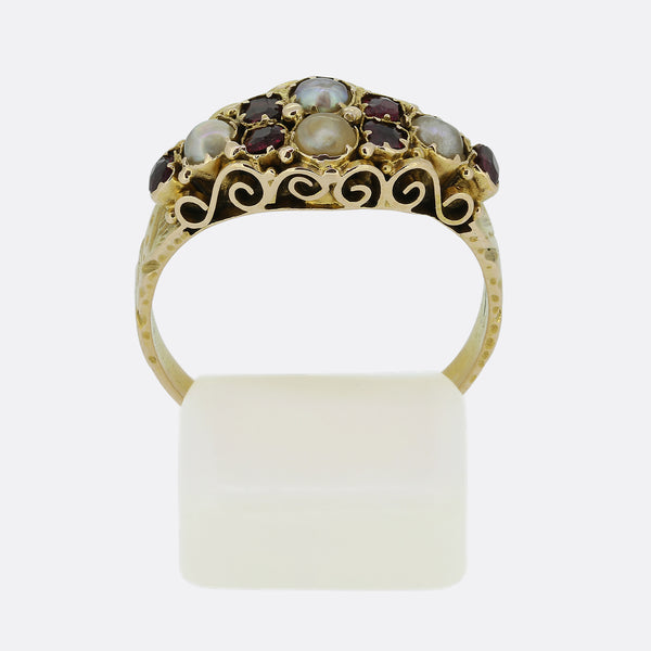 Georgian Ruby and Pearl Cluster Ring
