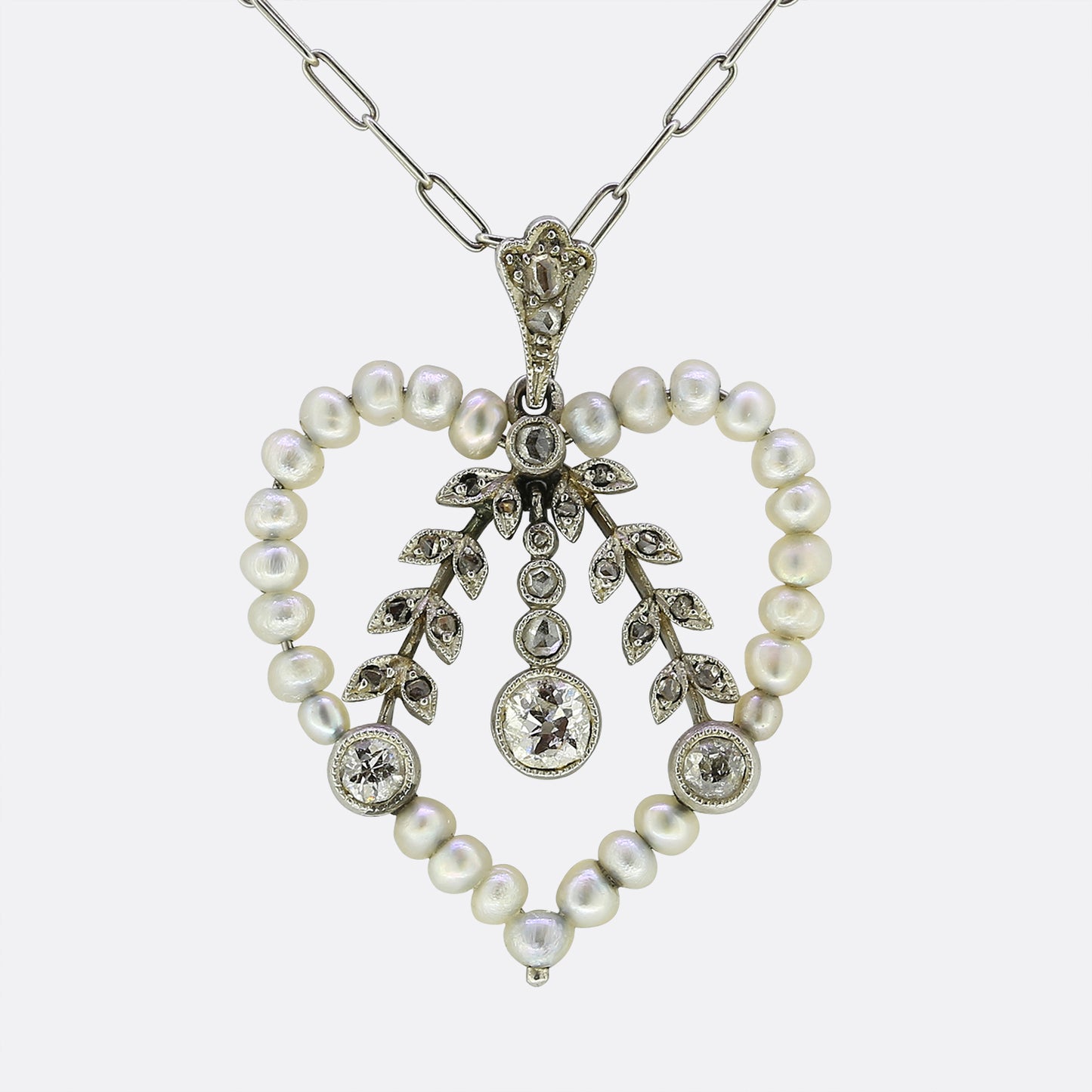 Edwardian Pearl and Diamond Heart Necklace
