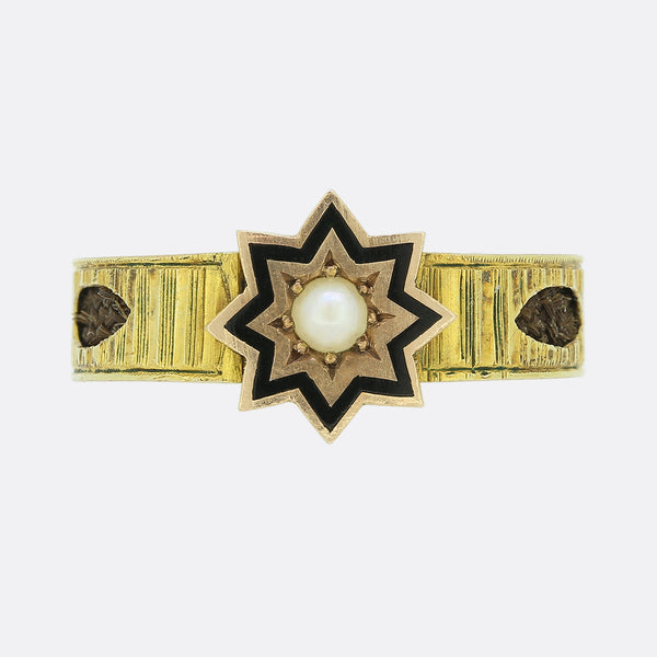 Victorian Pearl and Enamel Star Mourning Ring