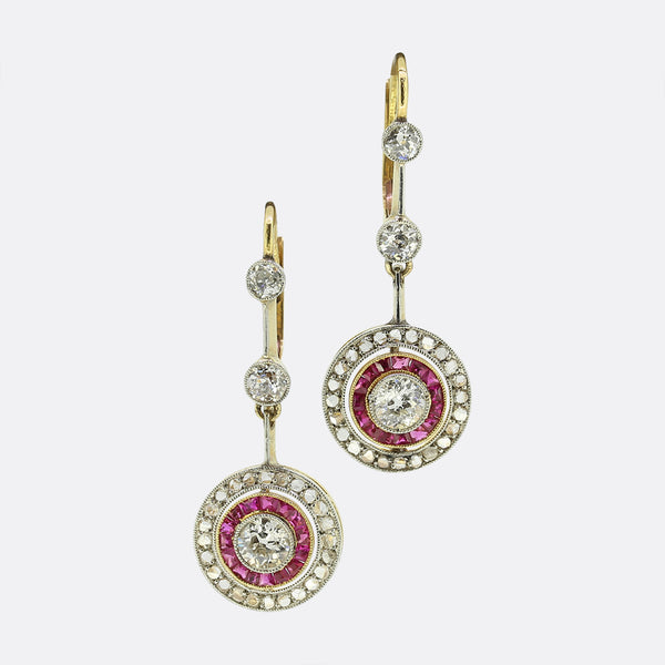 Art Deco Ruby and Diamond Target Drop Earrings