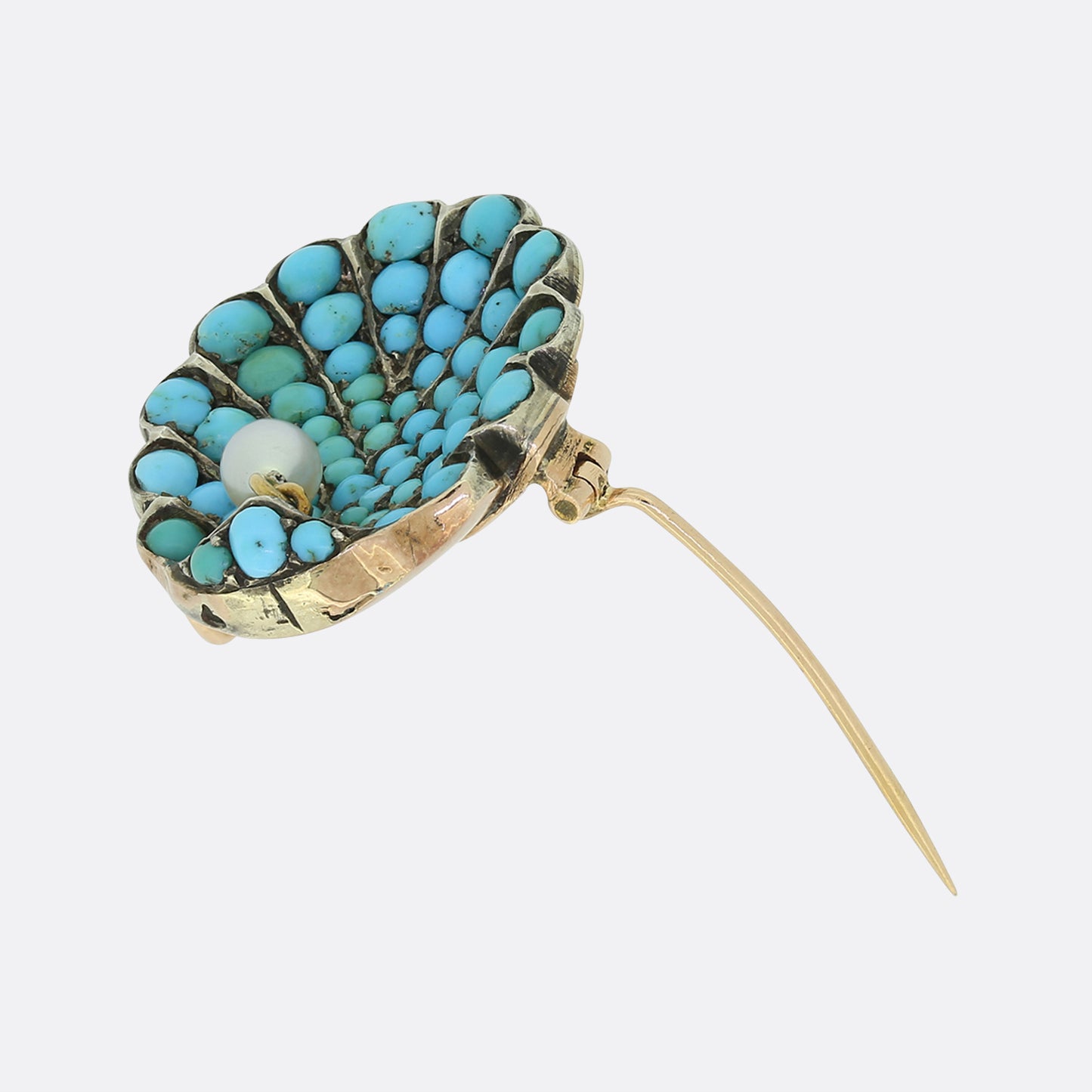 Victorian Turquoise and Pearl Clam Brooch