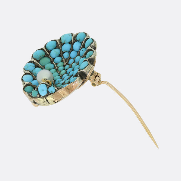 Victorian Turquoise and Pearl Clam Brooch